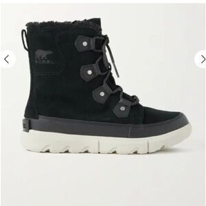 Sorel Explorer II Joan WP Black faux fur-trimmed suede ankle boots Sz 11